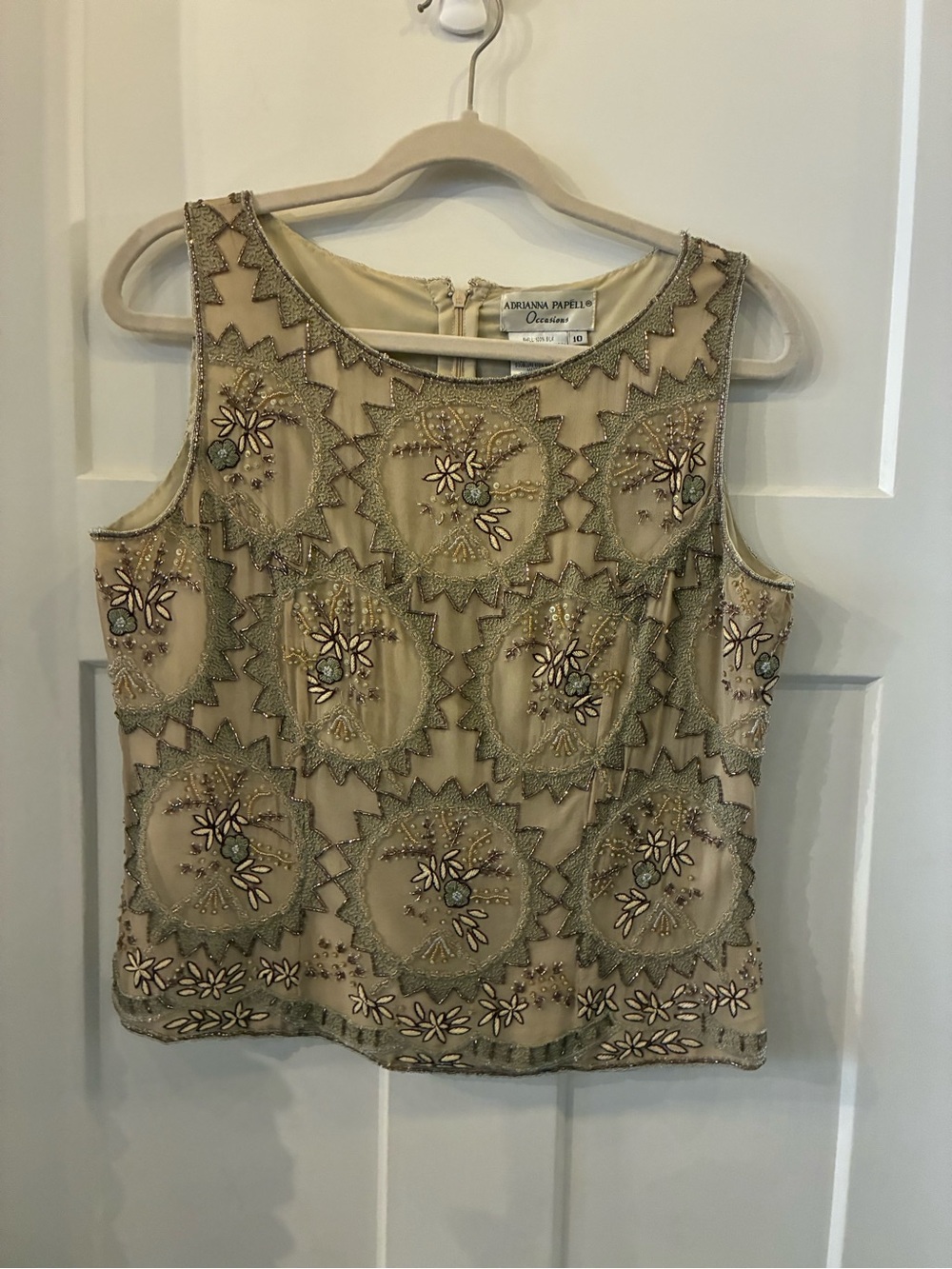Adrianna Papell Beaded Embellished Sleeveless Tank in Beige and Gold